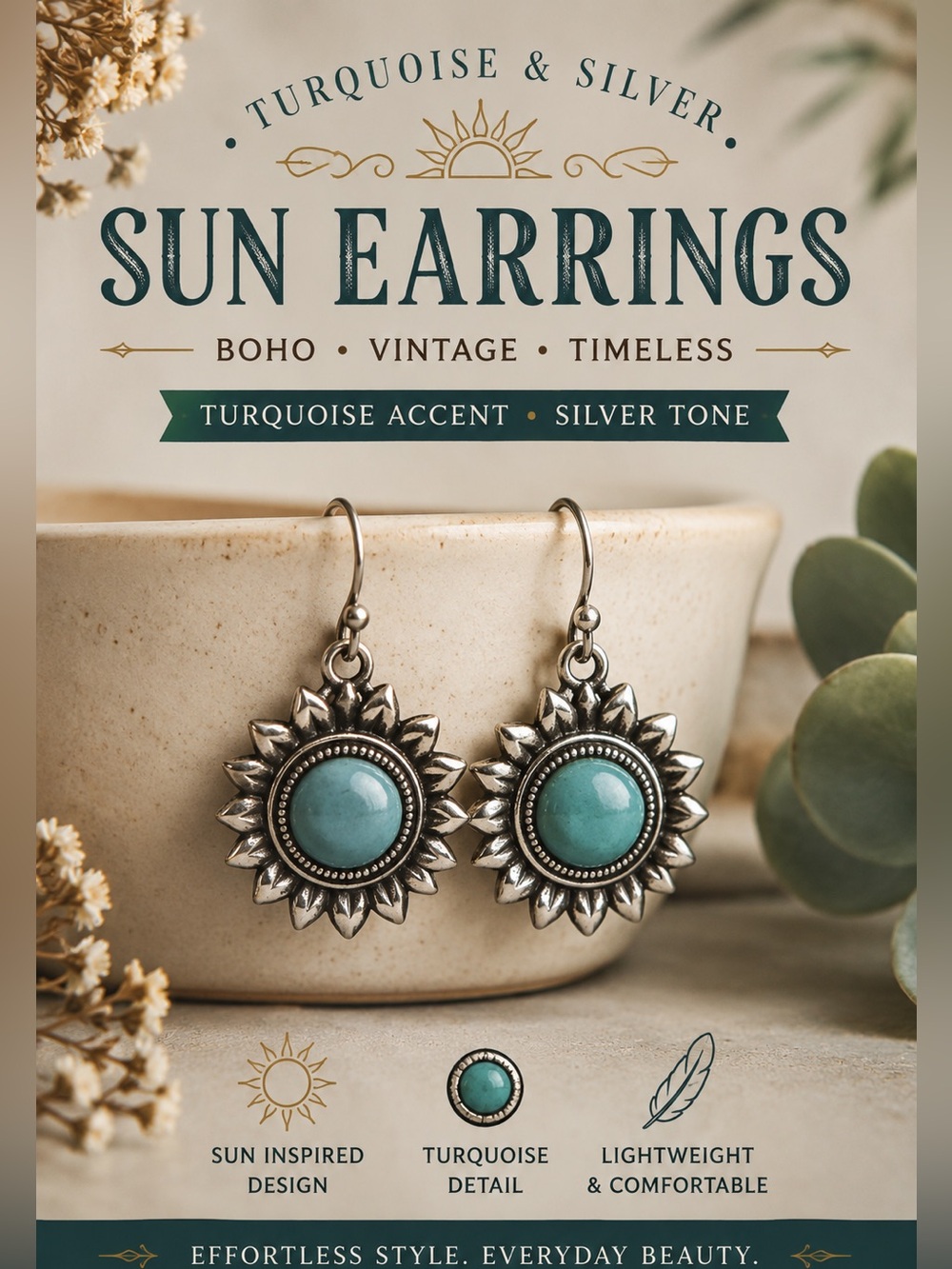 3/$20 Turquoise and Silver Sun Earrings